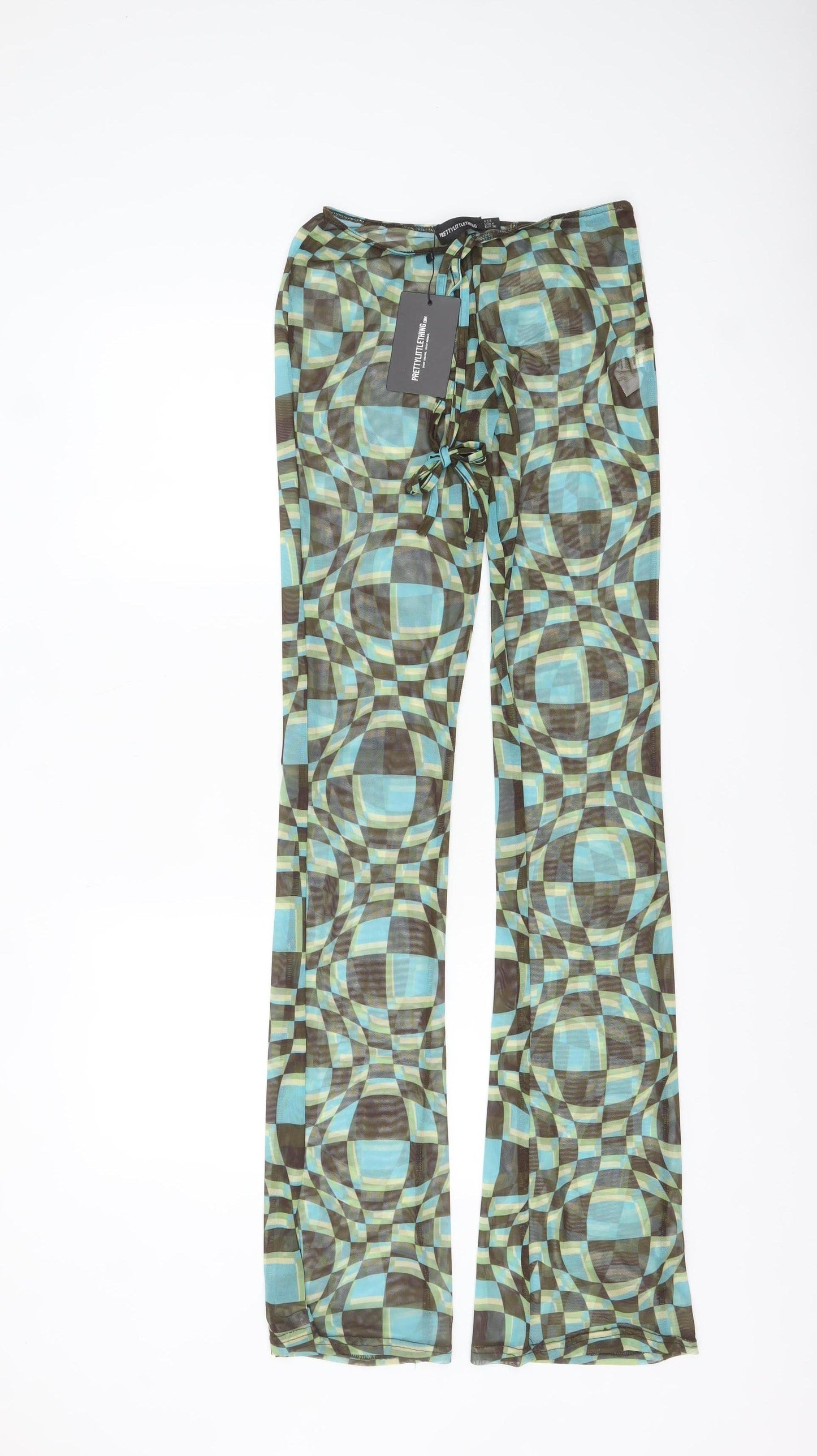 PrettyLittleThing Womens Multicoloured Geometric Flared Mesh Trousers UK 8