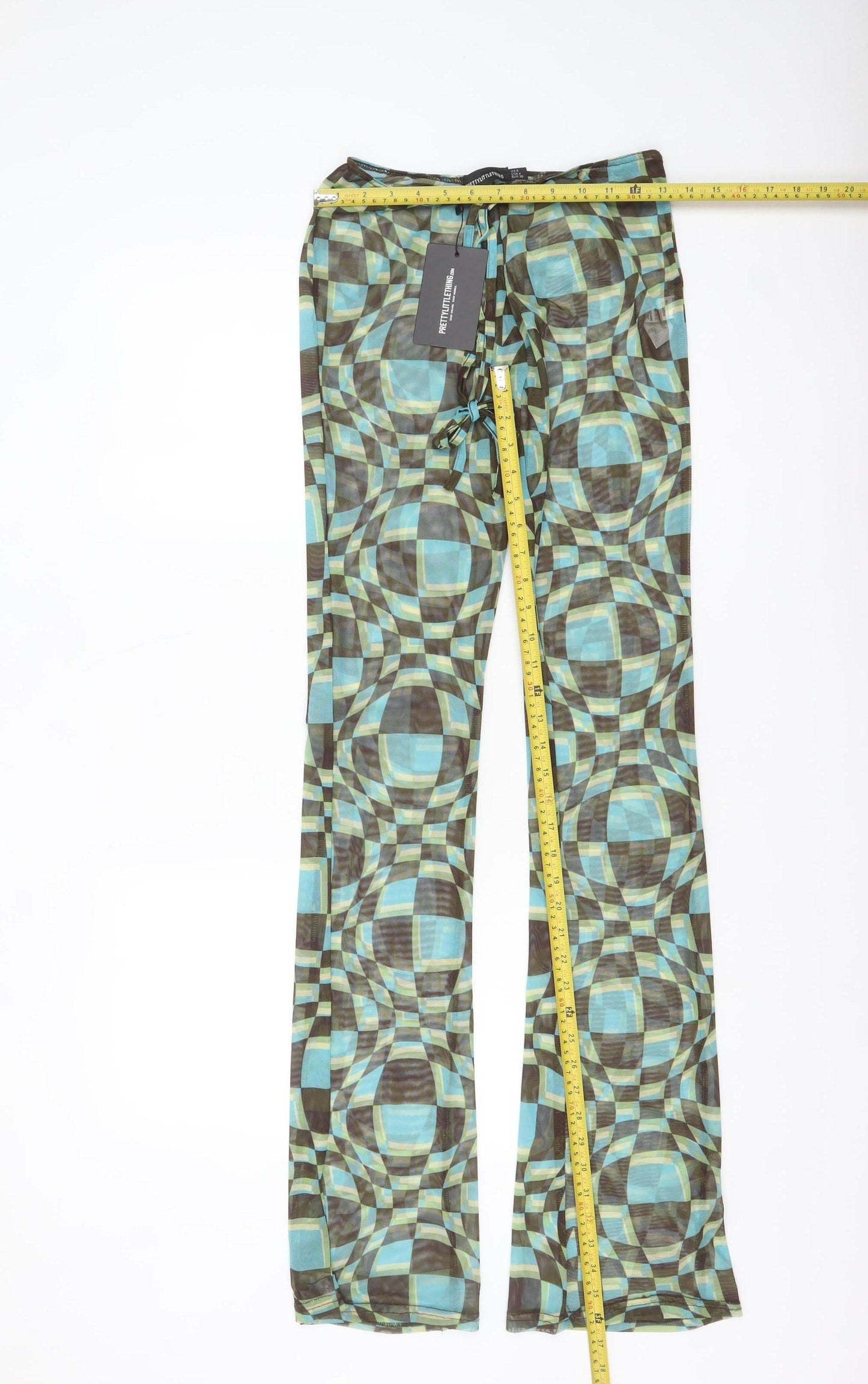 PrettyLittleThing Womens Multicoloured Geometric Flared Mesh Trousers UK 8