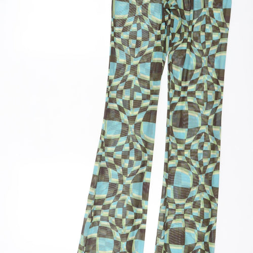 PrettyLittleThing Womens Multicoloured Geometric Flared Mesh Trousers UK 8