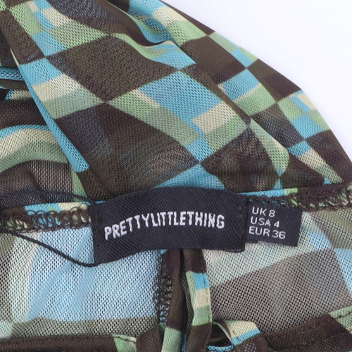 PrettyLittleThing Womens Multicoloured Geometric Flared Mesh Trousers UK 8
