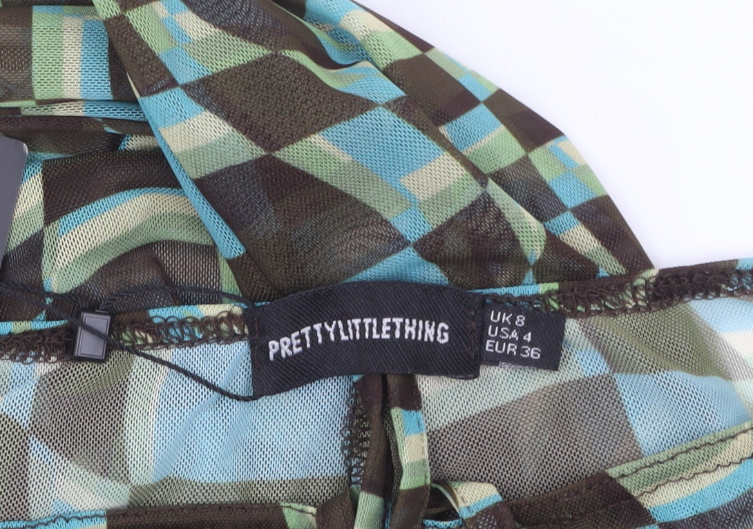PrettyLittleThing Womens Multicoloured Geometric Flared Mesh Trousers UK 8