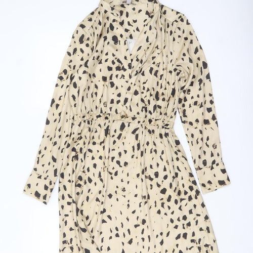 H&M Women Beige Animal Print V-Neck Shirt Dress Size 10