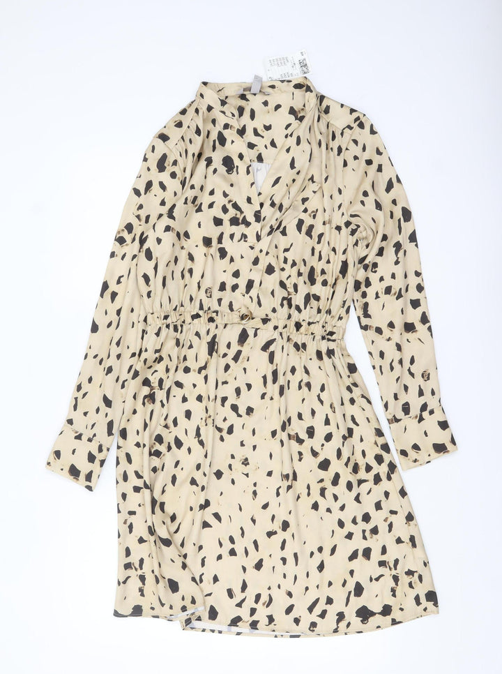 H&M Women Beige Animal Print V-Neck Shirt Dress Size 10