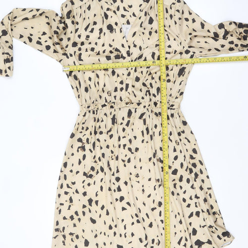 H&M Women Beige Animal Print V-Neck Shirt Dress Size 10
