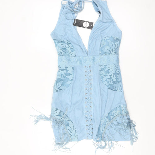 Boohoo Women’s Blue Halter Bodycon Fringe Party Dress Size 10