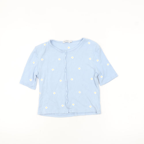 Stradivarius Women’s Blue Cropped Floral Button-Up Top Size 8
