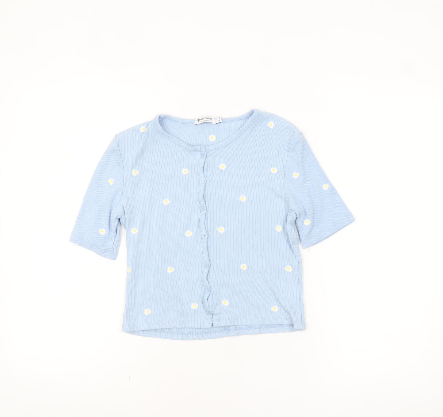 Stradivarius Women’s Blue Cropped Floral Button-Up Top Size 8