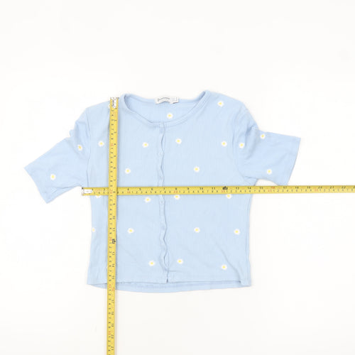 Stradivarius Women’s Blue Cropped Floral Button-Up Top Size 8