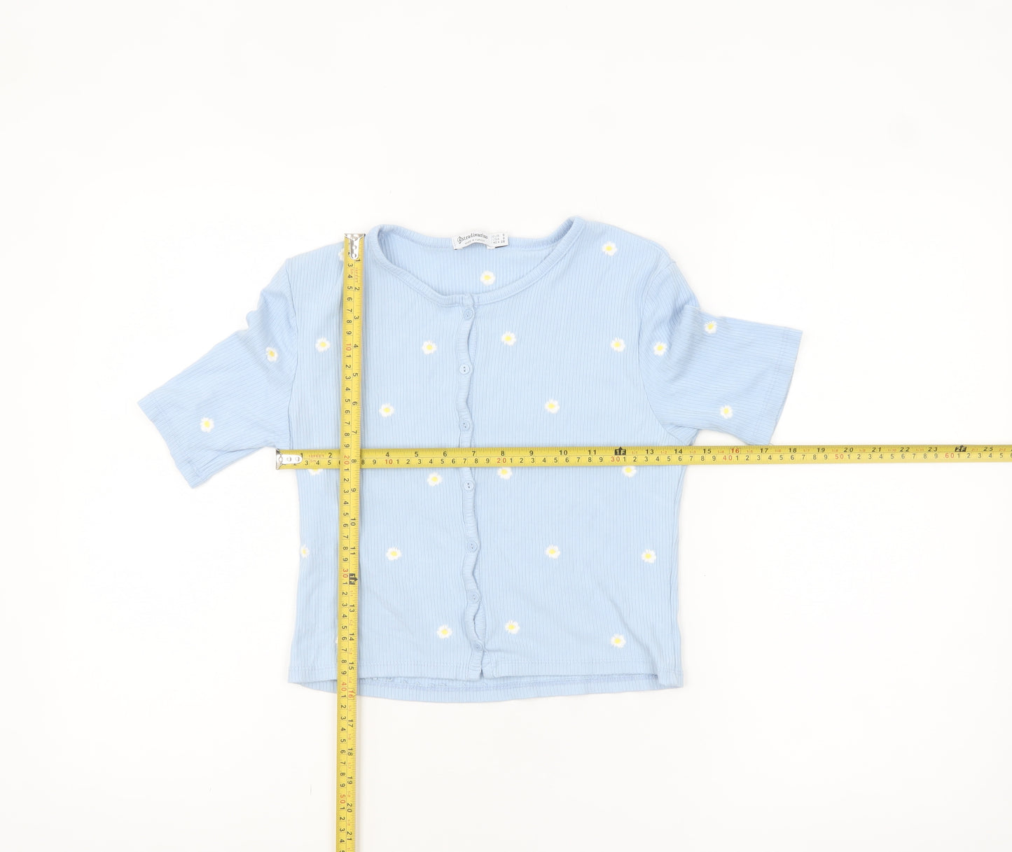 Stradivarius Women’s Blue Cropped Floral Button-Up Top Size 8