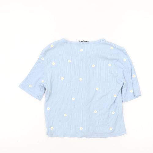 Stradivarius Women’s Blue Cropped Floral Button-Up Top Size 8