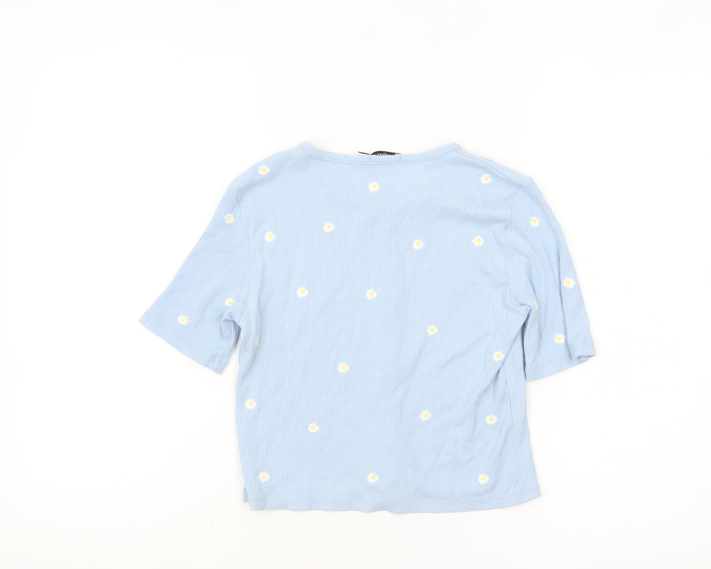 Stradivarius Women’s Blue Cropped Floral Button-Up Top Size 8
