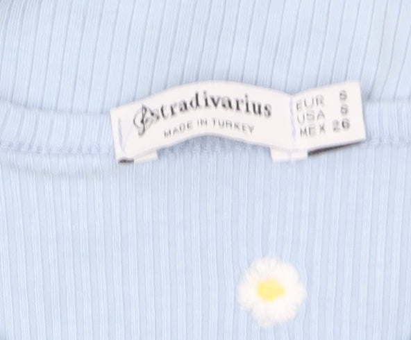 Stradivarius Women’s Blue Cropped Floral Button-Up Top Size 8