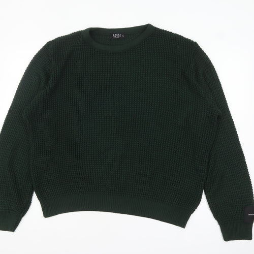 boohooMAN Men's Green Waffle Knit Cotton Crew Neck Jumper XL