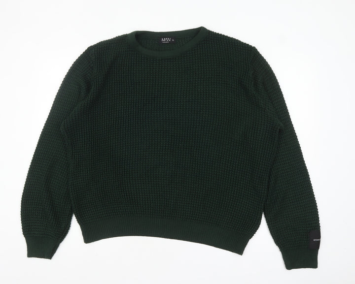 boohooMAN Men's Green Waffle Knit Cotton Crew Neck Jumper XL