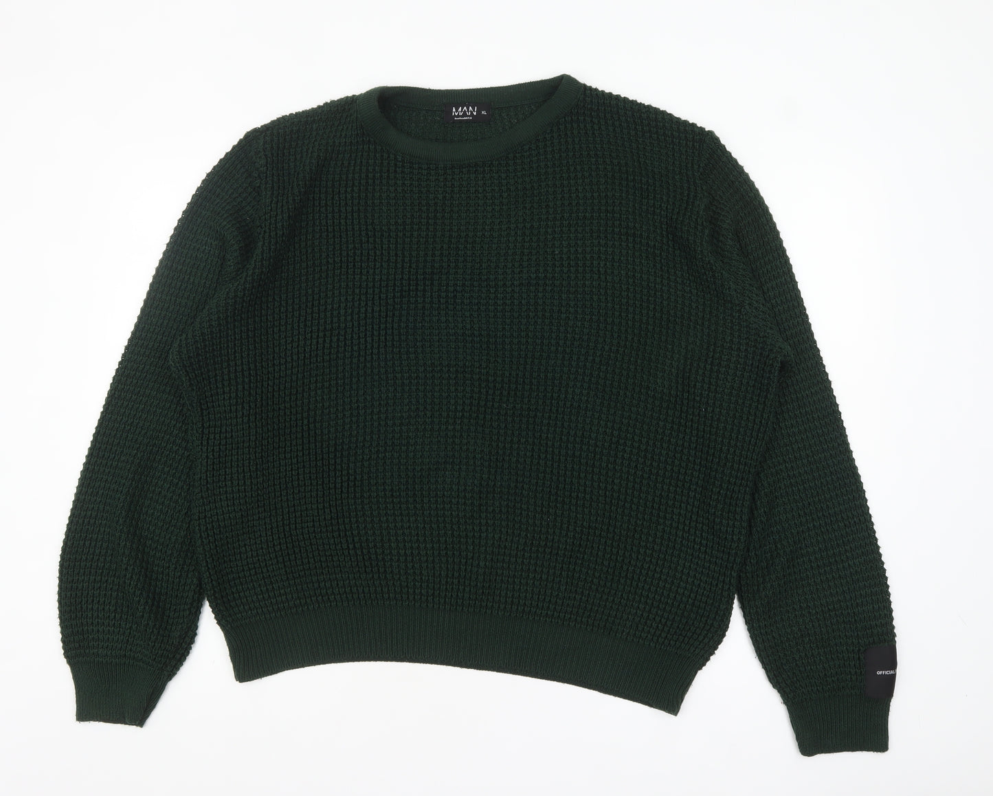 boohooMAN Men's Green Waffle Knit Cotton Crew Neck Jumper XL