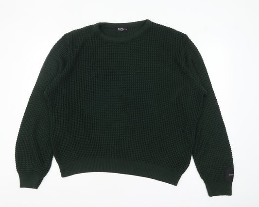 boohooMAN Men's Green Waffle Knit Cotton Crew Neck Jumper XL