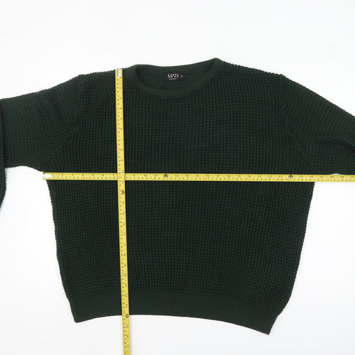 boohooMAN Men's Green Waffle Knit Cotton Crew Neck Jumper XL