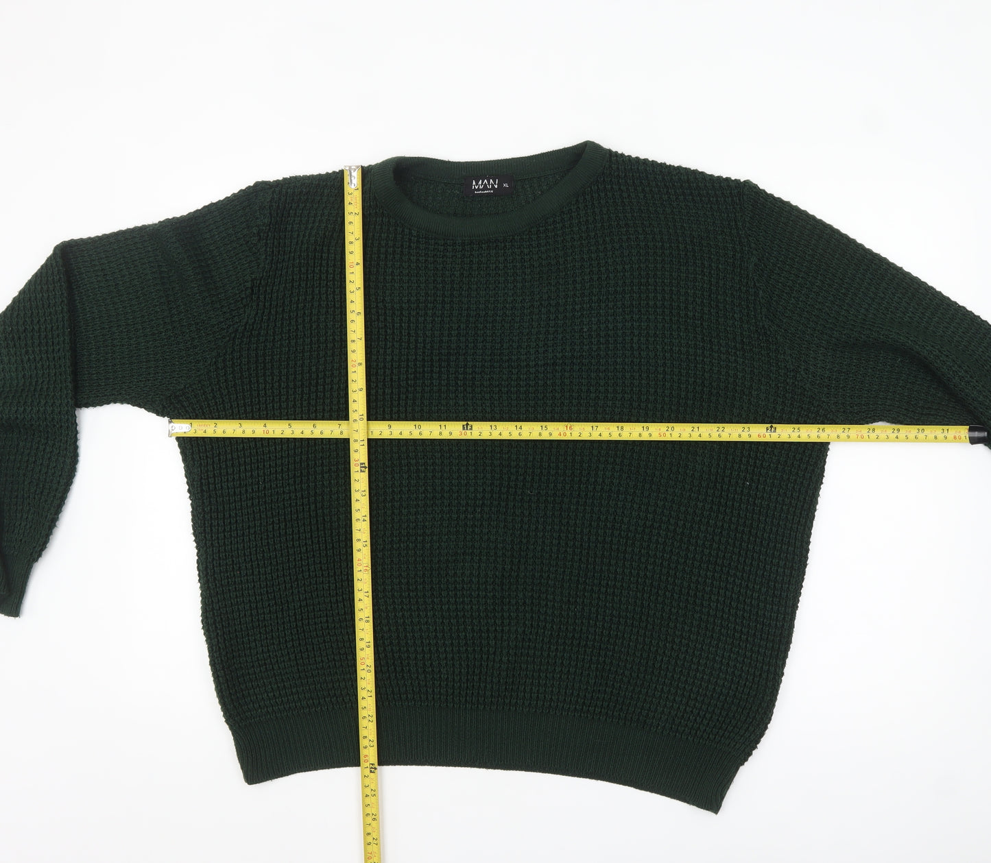 boohooMAN Men's Green Waffle Knit Cotton Crew Neck Jumper XL