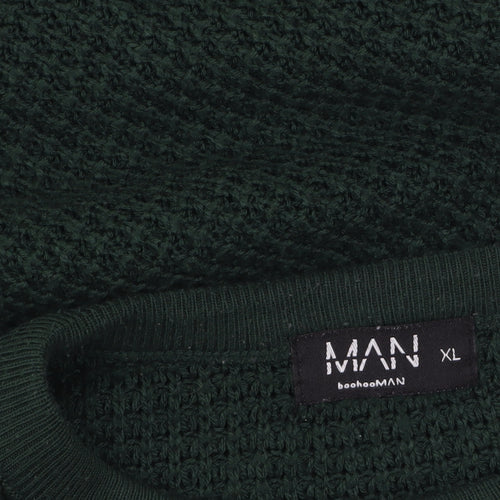 boohooMAN Men's Green Waffle Knit Cotton Crew Neck Jumper XL