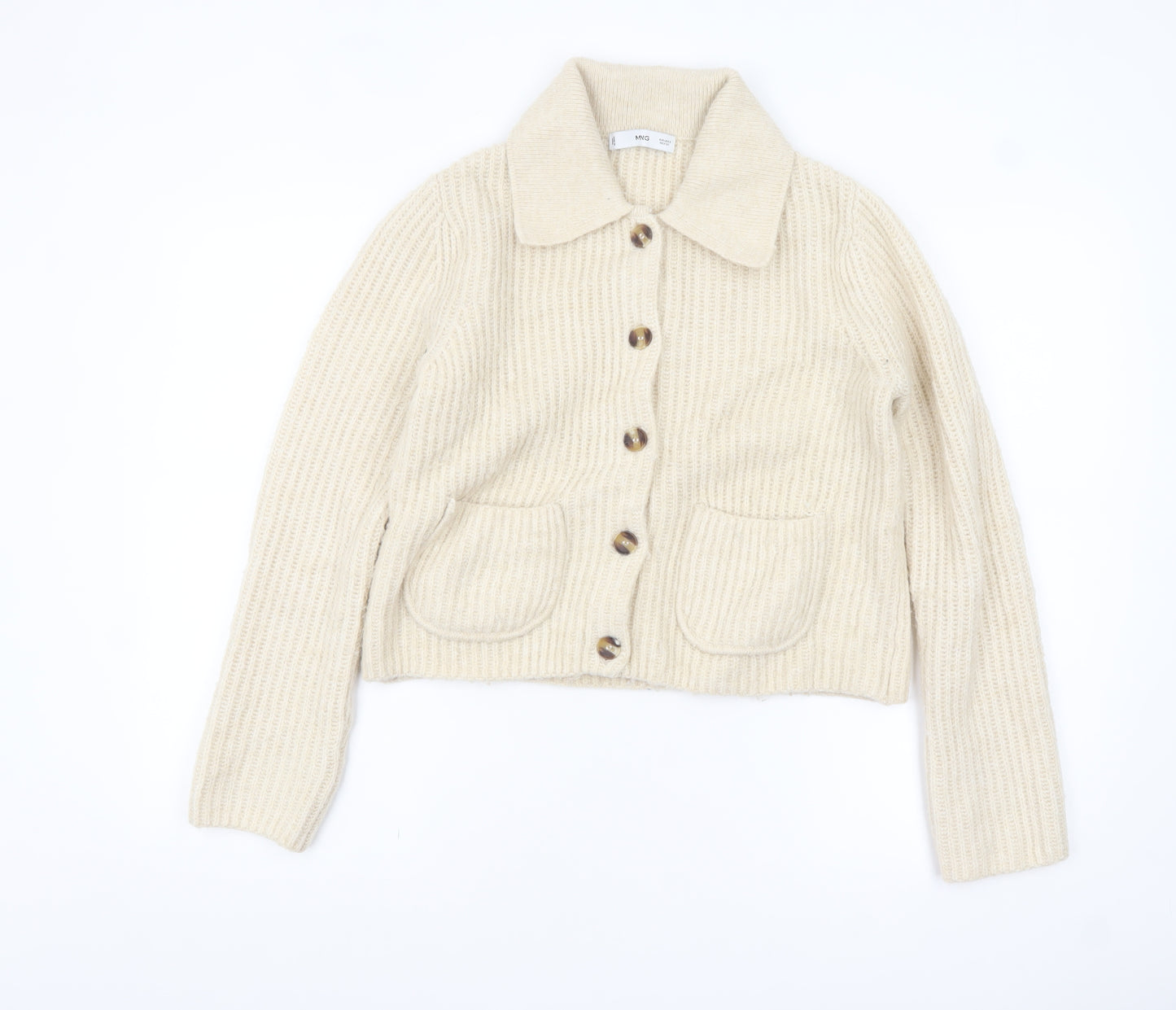 MNG Womens Beige Wool Blend Collared Cardigan Size S