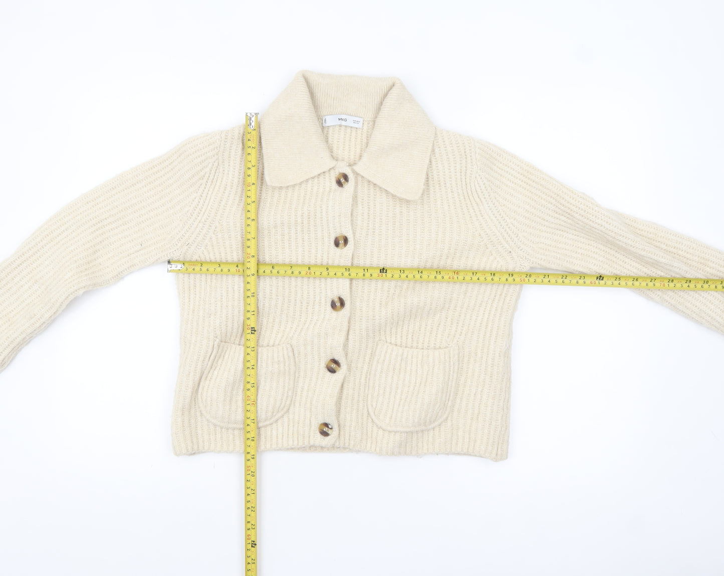 MNG Womens Beige Wool Blend Collared Cardigan Size S