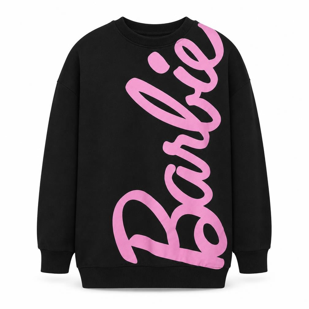 Front view of Barbie girls’ black pullover sweatshirt 13-14 years logo graphic print