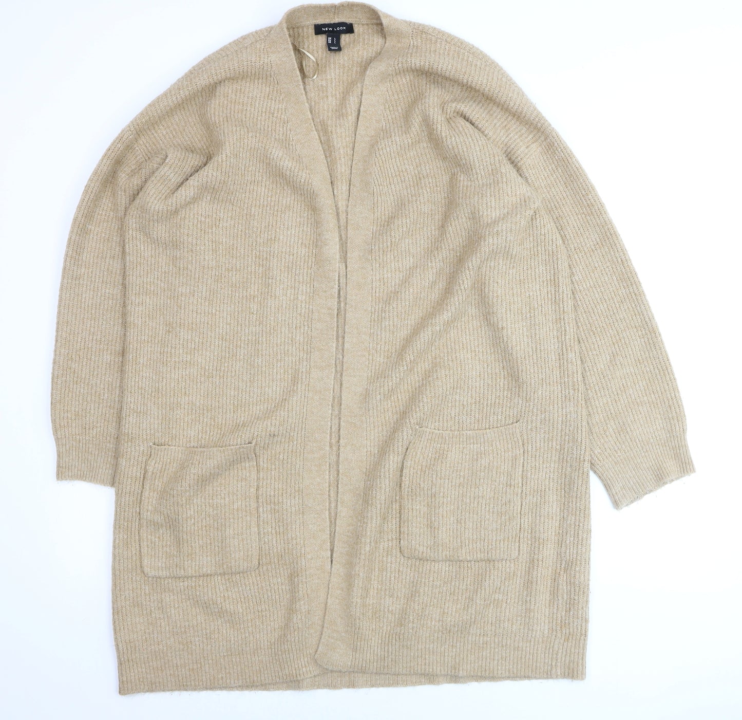 New Look Women Beige Longline Cardigan L Knit Open Front Jumper