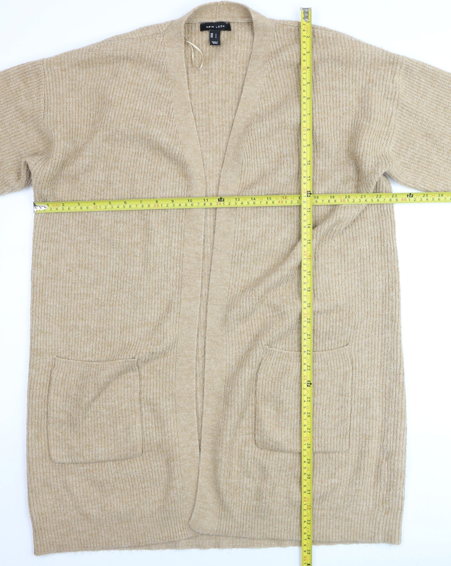 New Look Women Beige Longline Cardigan L Knit Open Front Jumper
