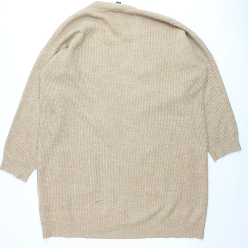 New Look Women Beige Longline Cardigan L Knit Open Front Jumper