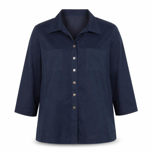 Front view of Country Casuals Women Blue, size 16, Button-Up 3/4 Sleeve Shirt