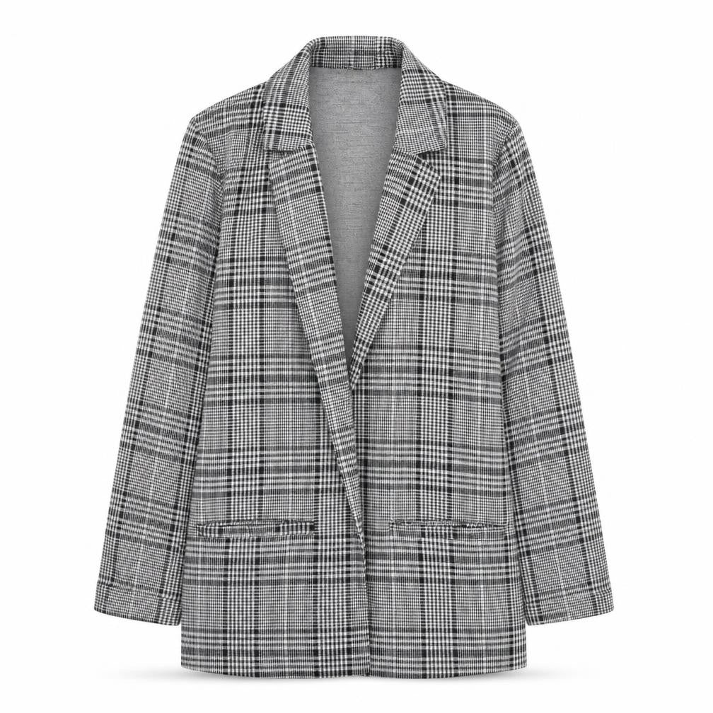Front view of H&M Divided Women's Grey Check Blazer, size M, Classic Mid-Length Jacket