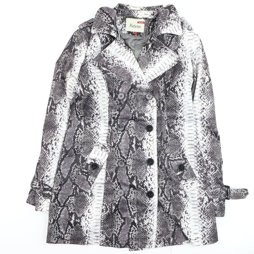 Kelyna Paris Women's Grey Snake Print Trench Coat L Belted Mid Length