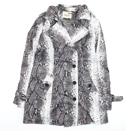 Kelyna Paris Women's Grey Snake Print Trench Coat L Belted Mid Length
