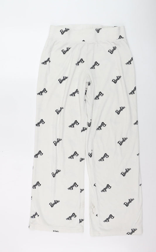 Barbie Women White Fleece Pyjama Pants Trousers Size 10-12 Very Good