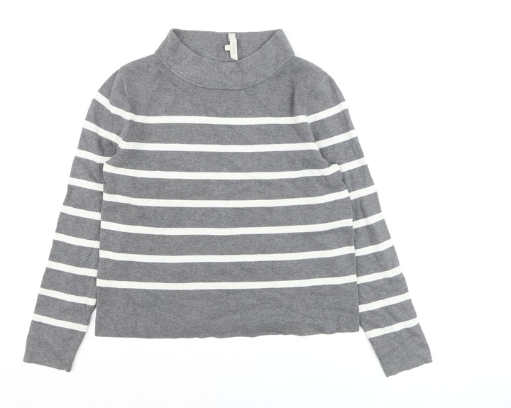 Hobbs Women Grey White Striped Roll Neck Cotton Jumper Size M