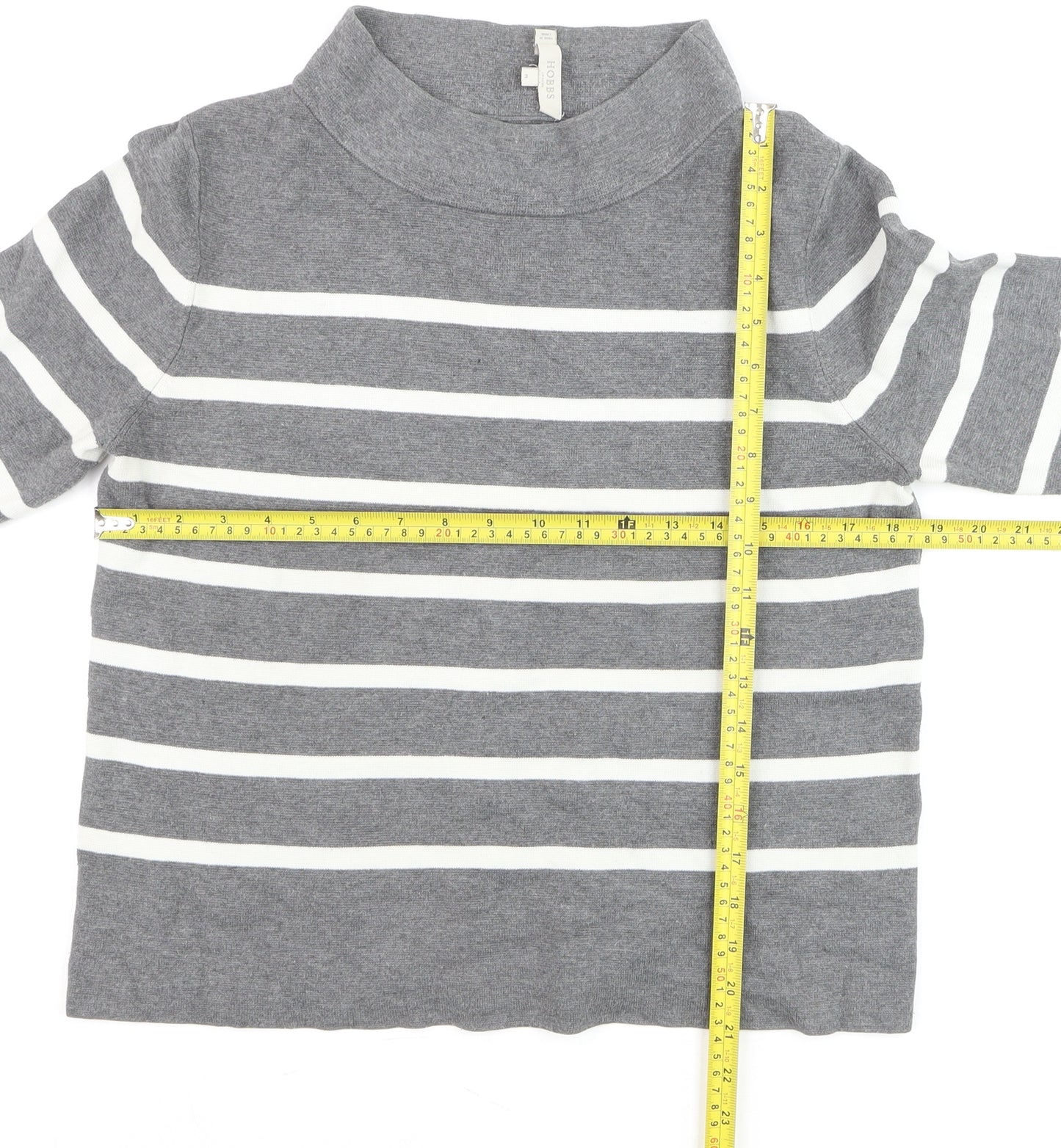 Hobbs Women Grey White Striped Roll Neck Cotton Jumper Size M