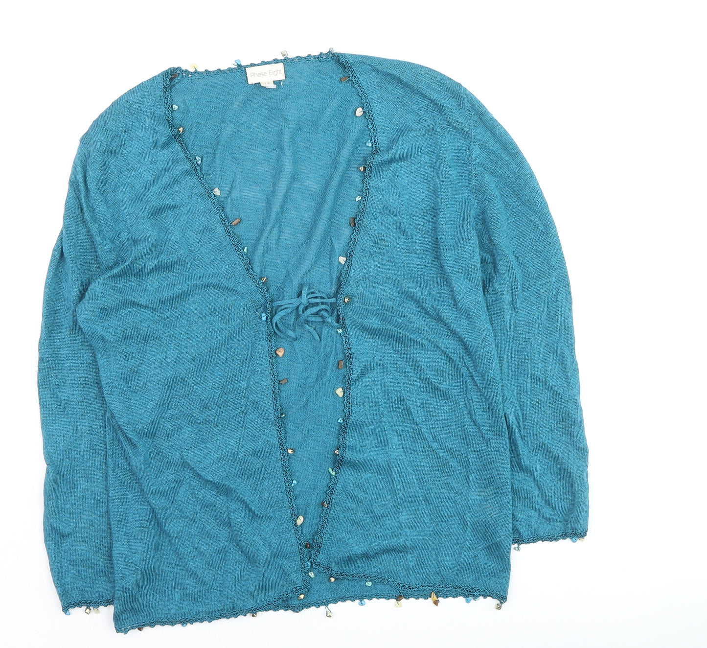 Phase Eight Women's Blue Beaded Open Cardigan Size 12 Knit Lightweight