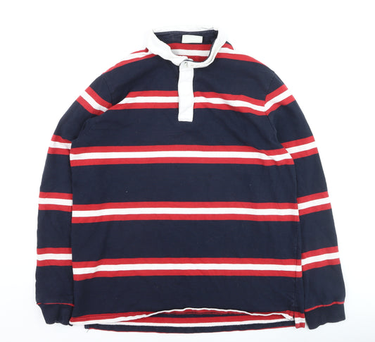 C&A Mens Blue Red Striped Long Sleeve Rugby Polo Shirt XL