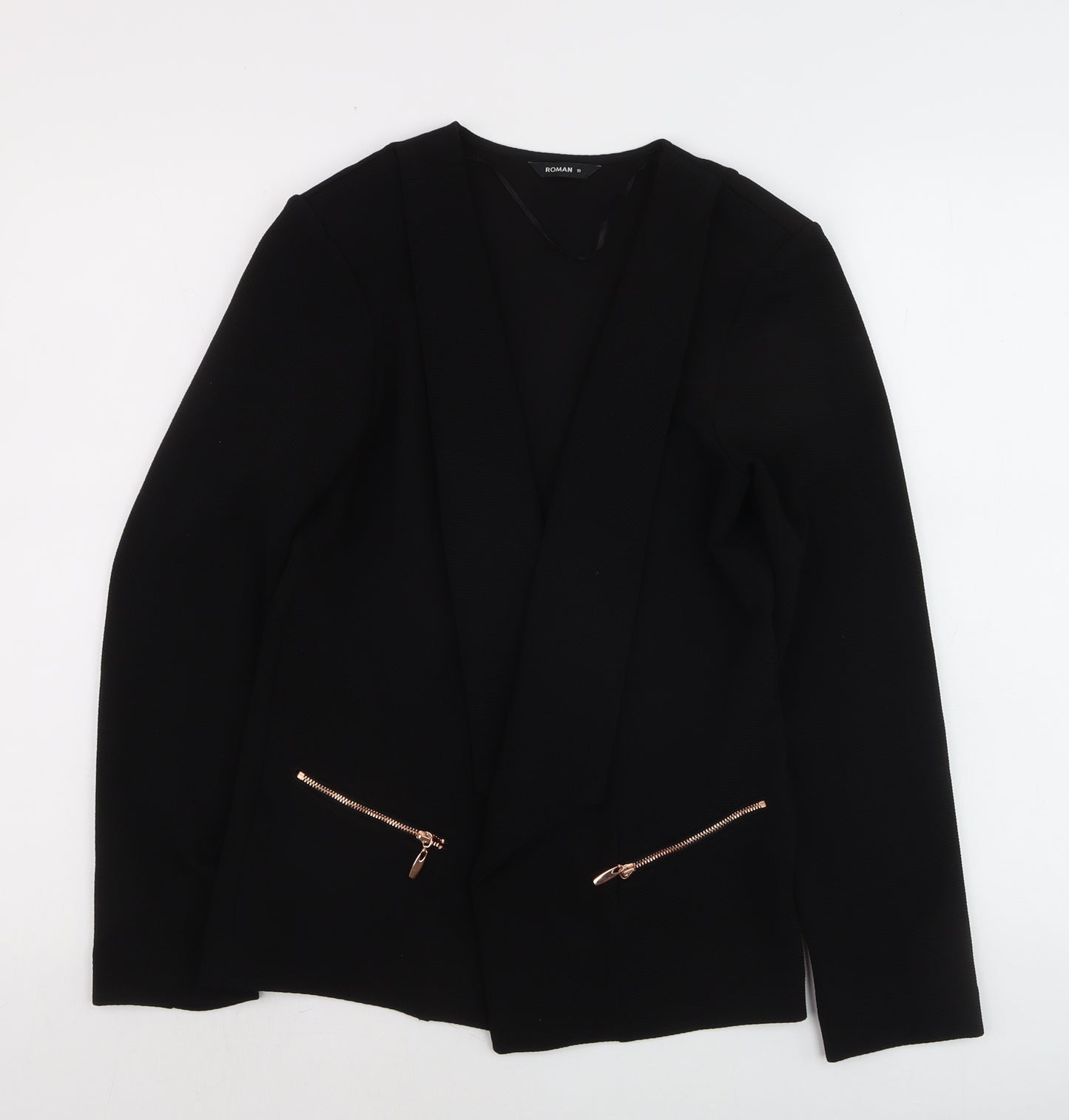 Roman Womens Black Size 10 Open Front Zip Pocket Blazer Jacket