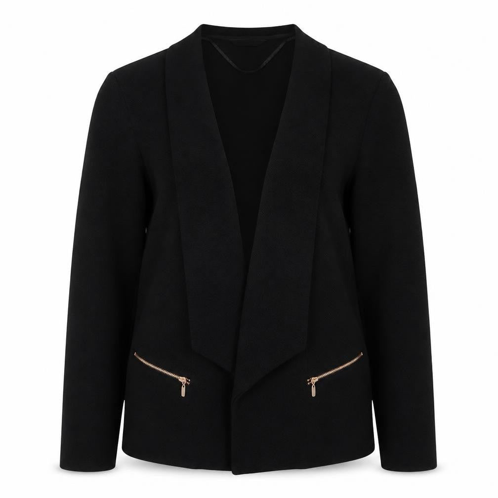 Front view of Roman women’s black, size UK 10, open front zip pocket blazer jacket