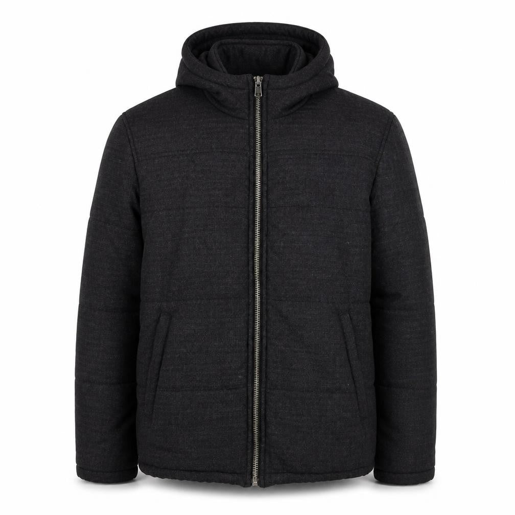 Front view of Zara Men's Black Hooded Puffer Jacket, size L, Regular Fit Winter Coat