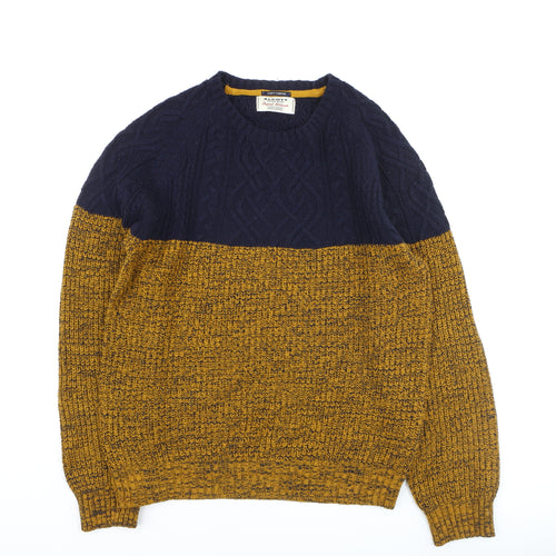 Alcott Men's Blue Yellow Chunky Cable Knit Crew Neck Jumper Size L