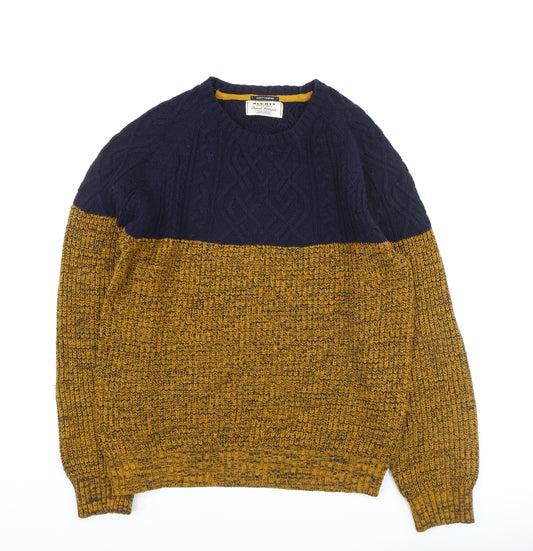 Alcott Men's Blue Yellow Chunky Cable Knit Crew Neck Jumper Size L