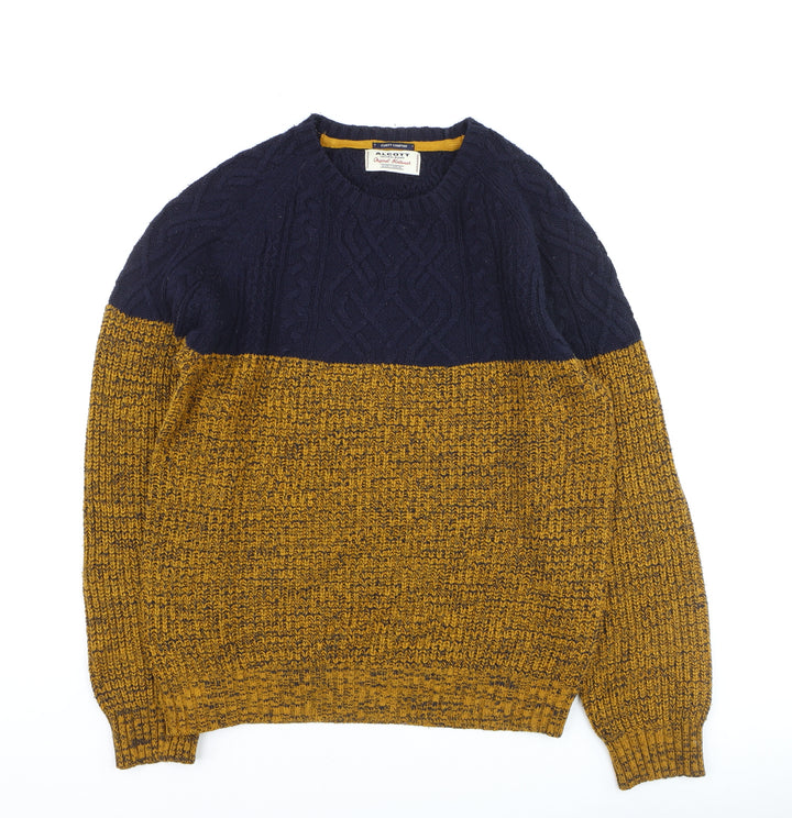 Alcott Men's Blue Yellow Chunky Cable Knit Crew Neck Jumper Size L