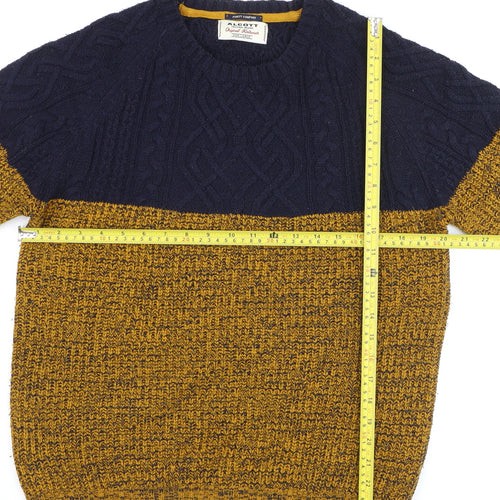 Alcott Men's Blue Yellow Chunky Cable Knit Crew Neck Jumper Size L