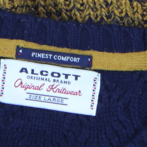 Alcott Men's Blue Yellow Chunky Cable Knit Crew Neck Jumper Size L