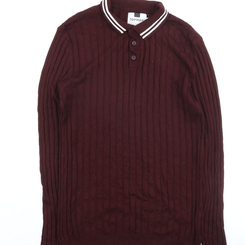 Topman Men's Brown Long Sleeve Collared Ribbed Polo Shirt Size M