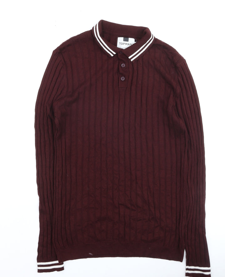 Topman Men's Brown Long Sleeve Collared Ribbed Polo Shirt Size M