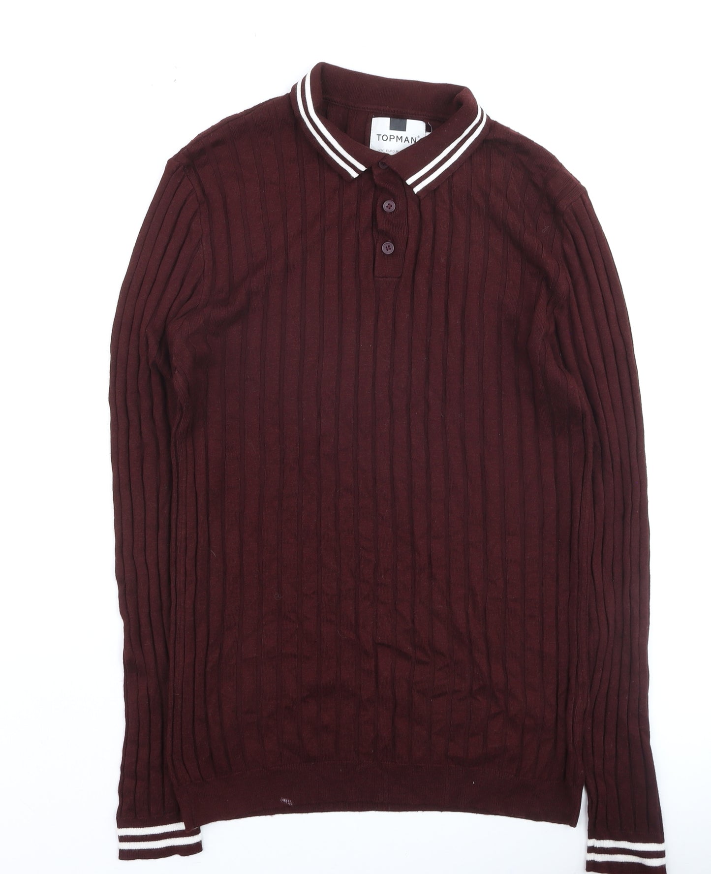 Topman Men's Brown Long Sleeve Collared Ribbed Polo Shirt Size M