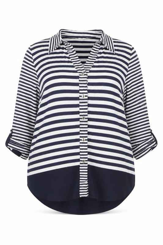 Front view of Tinta Women's Blue Striped Button-Up Collared Shirt, size 12